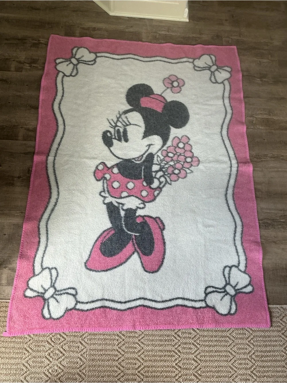 Vintage Biederlack Blanket Disney Minnie Mouse Pink Fleece Throw Reversible Lrg